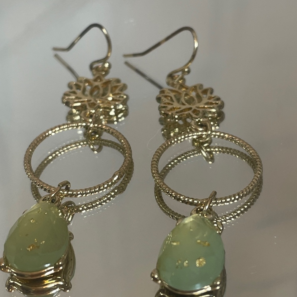 Lotus Drop Green Teardrop Dangle Earrings - Gold Tone